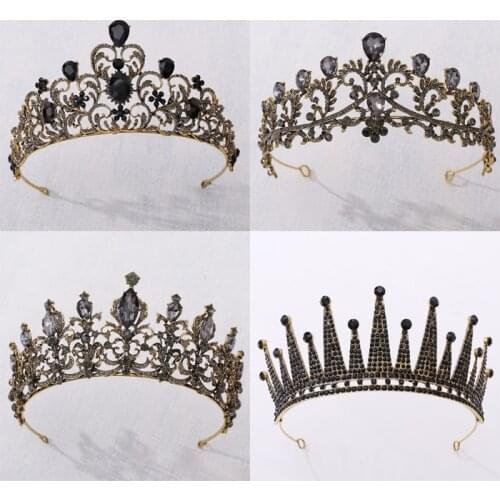 Black Baroque Crown Tiaras Queen Vintage Crystal Rhinestone Bridal Hair Accessories Bride Headbands Wedding Hair Jewelry