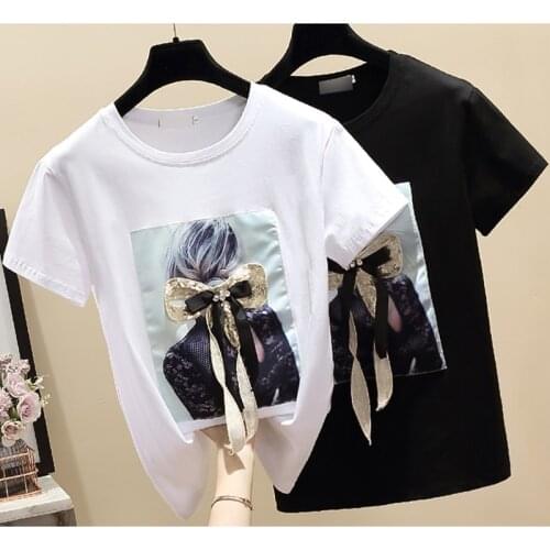 GGRIGHT 2021 Summer Cotton White Black Tshirts Short Sleeve Casual T-Shirt Women O-Neck Basic Knit Applique Tee Shirt Femme