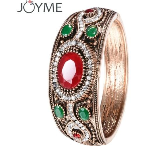 Exquisite Ethnic Turkish Resin Flower Rhinestone Bracelet Bangle Women Hand Vintage Gold-Color Bangles Oval Open Cuff Jewelry