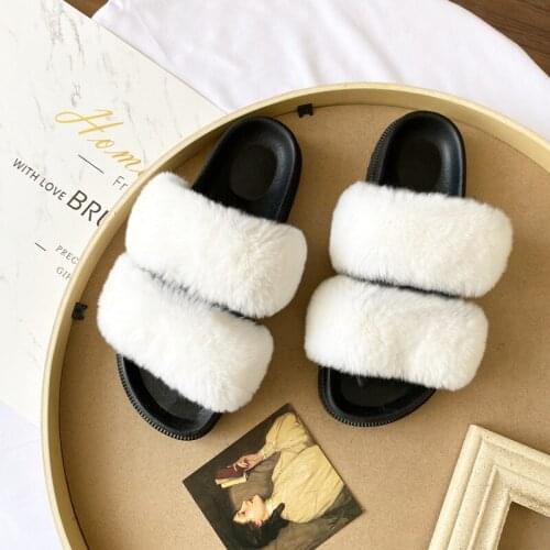 Korean Style Ins Harajuku Retro natural Rex Rabbit Fur Slippers Women A- line Slippers Flat Shoes for Home