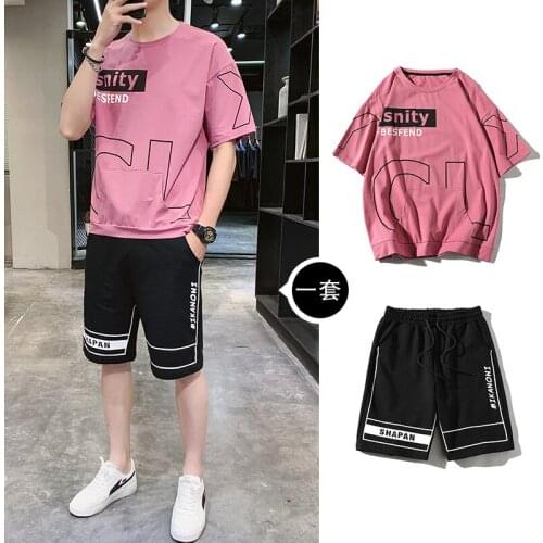 Summer Harajuku Tracksuit 2 Pieces Set Men Casual Breathable Mens Short sleeve T Shirt + Shorts Running Sportswear Suits