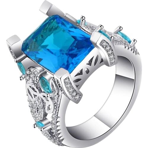 Beautiful Micro Pave Blue Cubic Zirconia Flower Engagement Rings Jewelry For Women Newest CZ Female Rings Online Jewelry Ringen