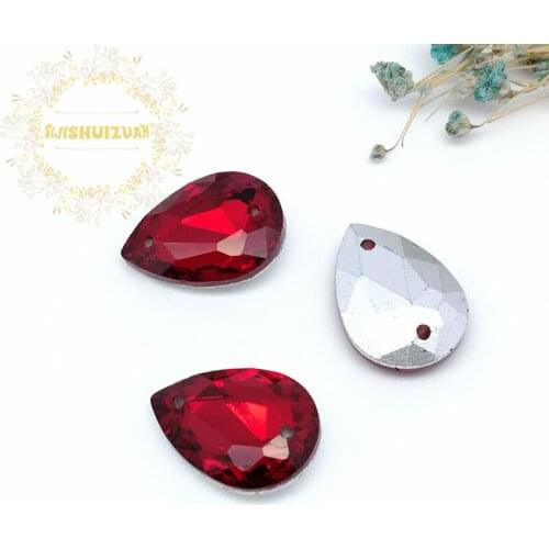 Red Water Drop Double Hole Crystal Glass Sewing Rhinestones Pointback Diy Wedding Dress and Shoes 10*14 13*18