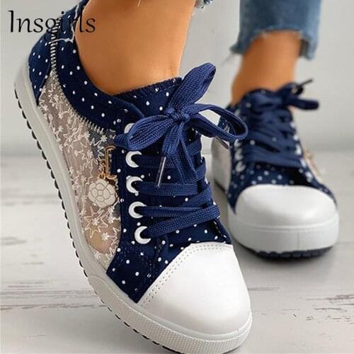 2021 New Sneakers Women Floral Pattern Embroidery Dot Print Ladies Breathable Casual Shoes Outdoor Lace Up Flat Canvas Shoes