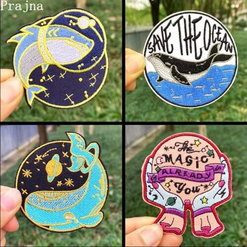 Prajna Round Cartoon Embroidered patches On Clothes Whale Animal Patch Clothing Sticker Iron on Patches For Clothing Space Badge