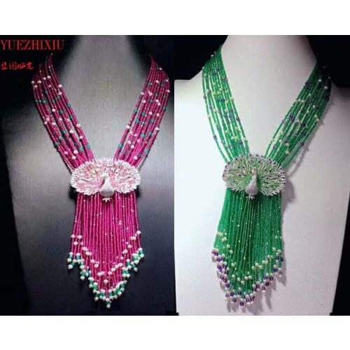Hot sell natural 10row purple green jade micro inlay zircon Peacock wings tassel necklace sweater chain fine jewelry