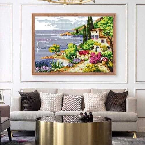 Seaside scenery cross stitch kit seaside town scenery 14CTneedlework kit printed white cloth embroidery home decoration painting