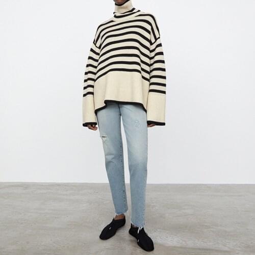 2021Autumn Winter New High-neck Wide-sleeved Striped Sweater Wool Stitching Loose And Thin Thick Knit Sweater Pullover Top Tide