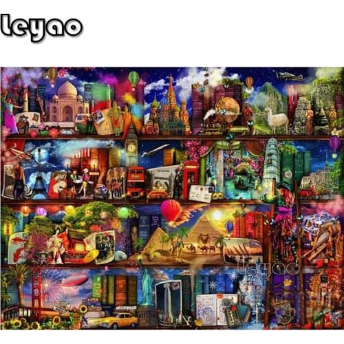 World travel book shelf Diamond Embroidery Pictures Of Rhinestones Diamond Mosaic Diamond Painting Full Square Drill Wall Decor