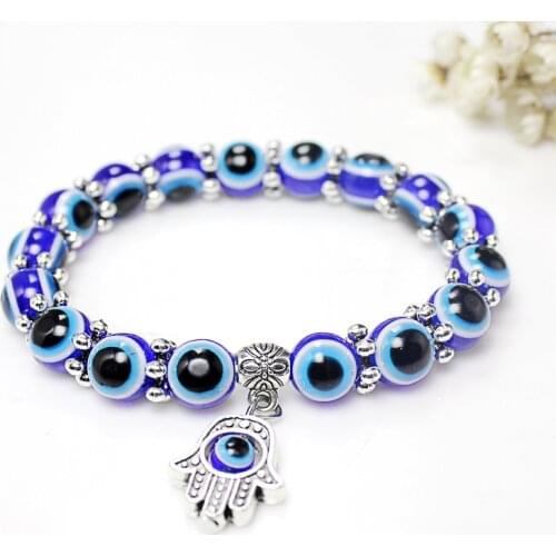 Hot Style Bracelets 8mm Resin Beads Strand Restoring Ancient Ways The Hand of Fatima Lucky Bracelet with Blue Eyes Hand String