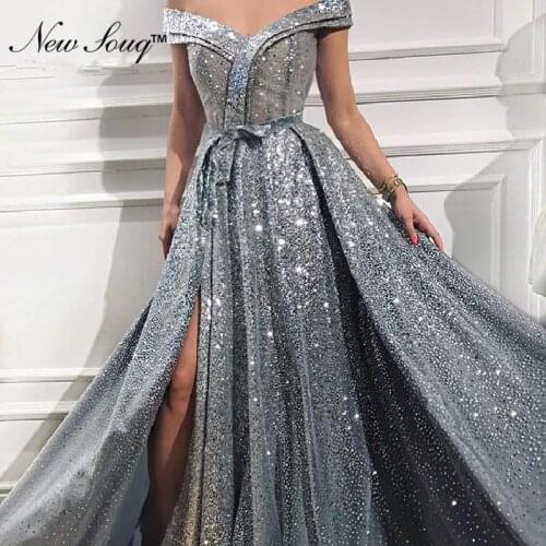 Silver Shiny Fabric Off Shoulder Split Prom Dresses Dubai Turkish Women Party Gowns Kaftan 2019 African Formal Evening Gown