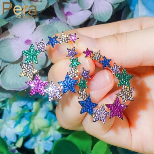 Pera Romantic Colorful Cubic Zirconia Boho Gold Color Big Lucky Star Symmetrical Stud Earrings for Women Costume Jewelry E591