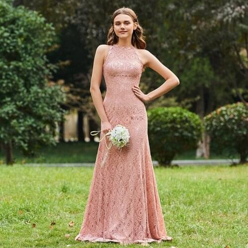 Tanpell sheath long bridesmaid dress pink sleeveless floor length gown women lace wedding party plus customed bridesmaid dresses