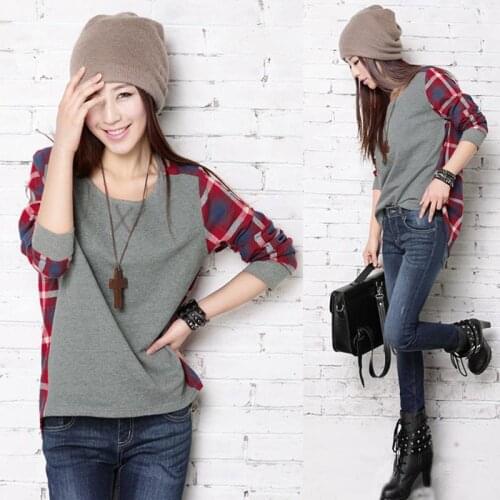 2020 New Spring And Spring Ladies Loose Large Code Check Long Sleeve T-shirt Free Shipping