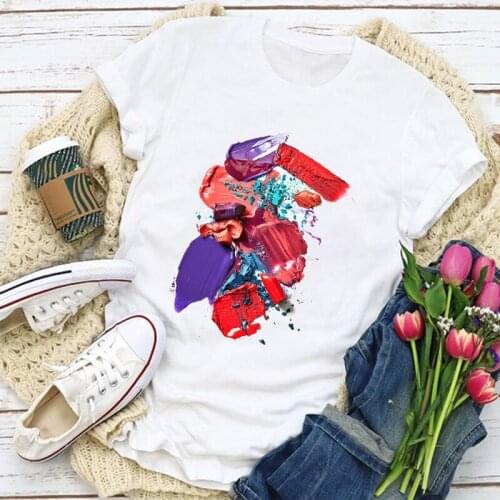 Watercolor Red Nail Polish Women T-shirts Colorful Nail Polish Bottle Top Female Tshirt Harajuku Casual O-neck Lady Tee Clothes