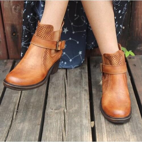 WomenS Handmade Leather Ankle Boots Comfortable Walking Retro Martin Boots With Buckles Brown