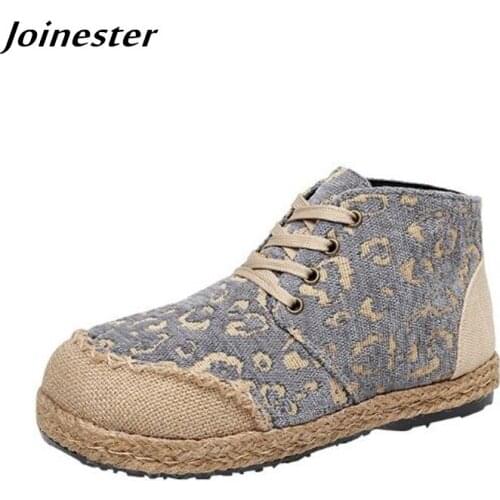 Women High-Cut Flat Heeled Retro Sneakers Round Toe Lace-up Runway Shoes for Ladies Cotton Hemp Rubber Sole Vintage Espadrilles