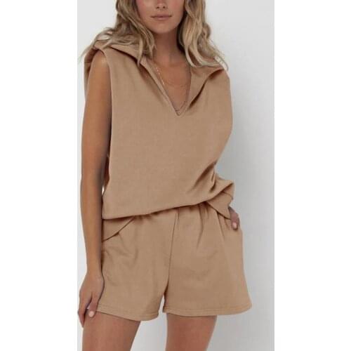 Women Fashion Solid Shorts Suit Sleeveless Stand-up Collar Tops And Elastic Waist Shorts 2 Piece Set Summer Female Casual Outfit