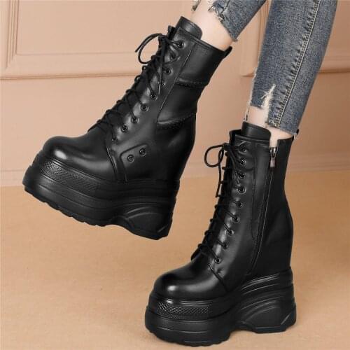Women Lace Up Genuine Leather Hidden Wedges High Heel Motorcycle Boots Female Round Toe Chunky Platform Pumps Shoes Casual Shoes