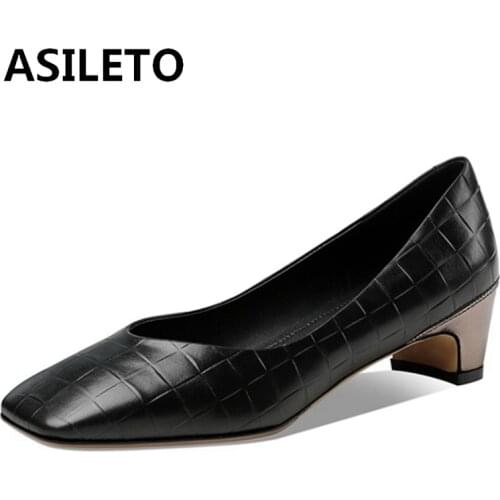 ASILETO New 2021 Ladies Pumps Square Toe 3cm Block Heels Genuine Leather Elegent Classic Simple Soft Size 41 Summer A3453