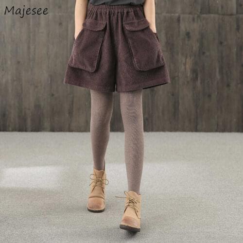 Shorts Womens Thicken Corduroy Retro High Waist Elastic Simple Trendy Solid Elegant All-match Loose Ladies Korean Style Autumn