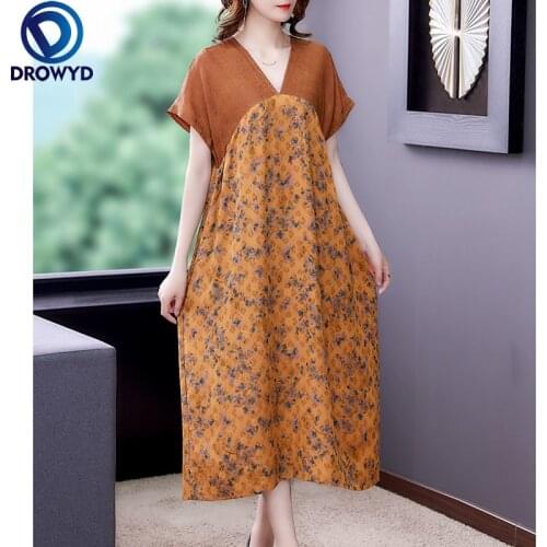 Women Long Loose Dress Summer Office Lady Print Short Sleeve V-Neck Yellow Print Maxi Dresses Party Runway Traf Vestidos Robe