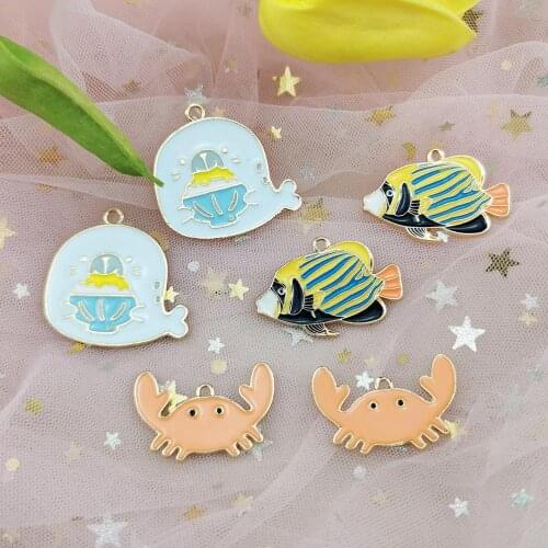 10pcs Alloy Ocean Animals Enamel Charms Kawaii Crab Sea Lion Butterfly Fish Charm Pendants Fit DIY Earring Bracelet Jewelry Make