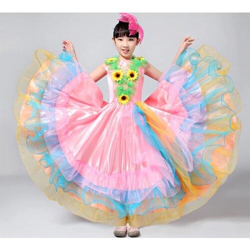 Children Spanish Flamenco Skirts Brazil Dance Costume Gypsy Robe Stage Dress For Girl Big Swing Skirt 360/540/720 Degree DL4215