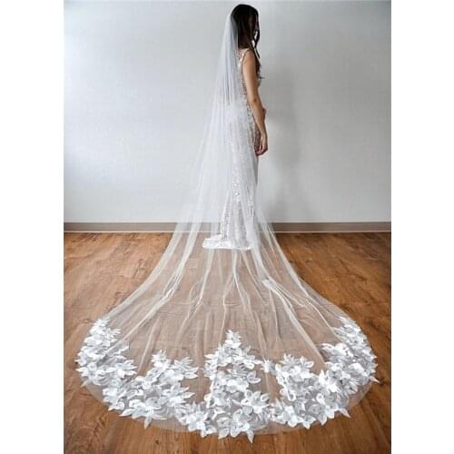 Long Bridal Veils with Comb Cathedral White Ivory Flowers Floral Embroidered Lace Wedding Veil Accessories for Brides 3 metres