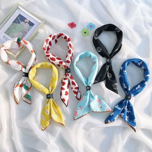 Square Silk Feel Satin Scarf Elegant Women Head Skinny Retro Hair Tie Band Small Fashion Square Kerchief Neck Scarf With Buckle