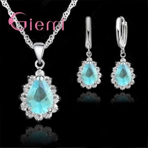 Best Sell Christmas Gift 925 Sterling Silver Cubic Zircon Crystal Water Drop Pendant Necklace Earring Woman Jewelry Set