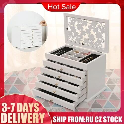 Multi-Layer Big 6 Layers Wooden Jewelry Box Jewelry Display Casket Earrings Ring Boxes Jewelry Organizer Gift Box White/Brown