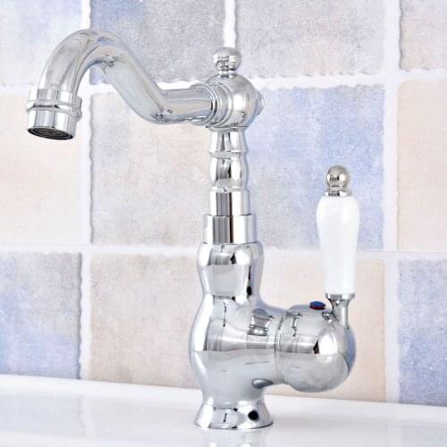 Polished Chrome Basin Faucet Porcelain Creamic Single Handle Mixer Tap 360 Rotation Bathroom Faucet