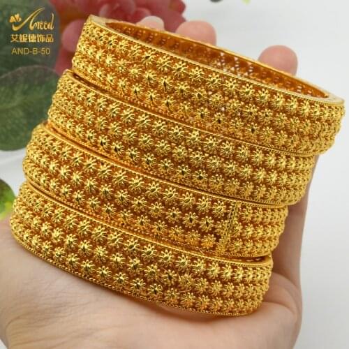 ANIID 24K Gold Plated Bangle For Woman Flower Wedding Bracelets Dubai Nigerian Arabic Jewelry Gold Gifts Wholesale