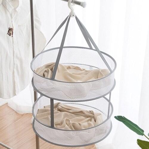 Modern Simple Double-layer Foldable Clothes Net Indoor Clothes Storage Artifact Polyester Mesh Windproof Clothes Basket