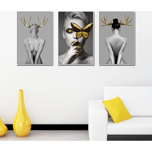 Nordic Antlers girls Figuars wall art Canvas Painting Prints Posters Black White Nude art Pictures for Living Room Morden Decor