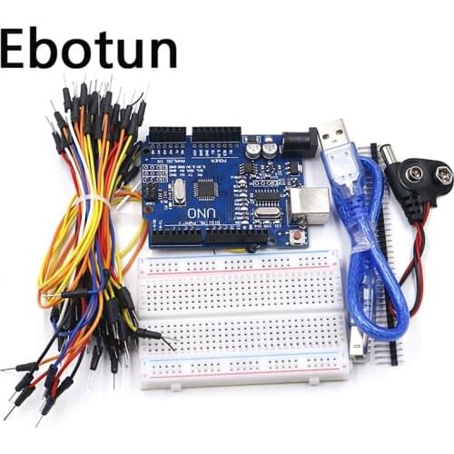 Starter Kit for Arduino Uno R3 Bundle of 5 Items Uno R3 Breadboard Jumper Wires USB Cable and 9V Battery Connector