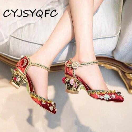 CYJSYQFC Women Crystal Buckle Pearl Rhinestone Wedding Pumps Velvet Ankle Strap Birdcage Flowers Strange Heels Mary Jane Shoes