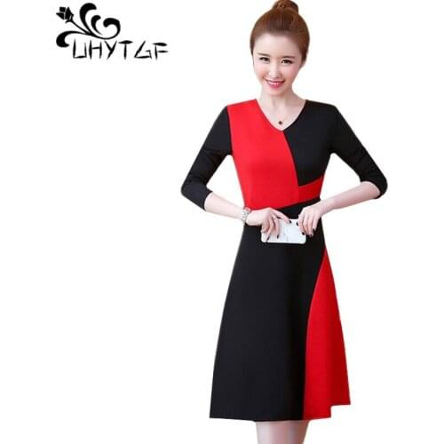 UHYTGF New womens autumn winter dresses fashion Color matching party dress Casual 5XL plus size dresses elegant women dress 1374