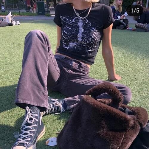 Girls Punk Streetwear 90s Vintage Short-sleeved T-shirt Female Gothic Harajuku Grunge Graphic Print Y2k Aesthetic Crop Top Slim