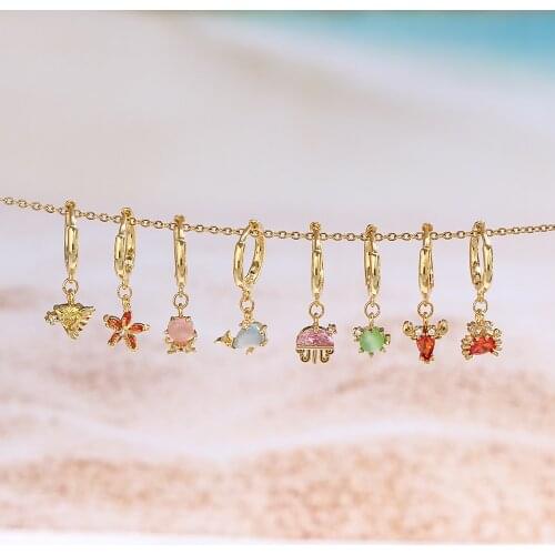 2021 New Summer Hot Cute Marine Organism Jellyfish Lobster Crab Seahorse Crystal Charm Small Huggies Hoop Earring For Women
