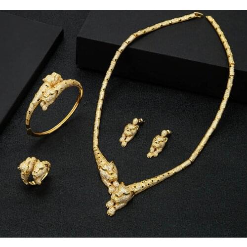 Zlxgirl jewelry Classic Leopard animal jewelry sets perfect Dubai Gold color womens zircon necklace earring bracelet ring set