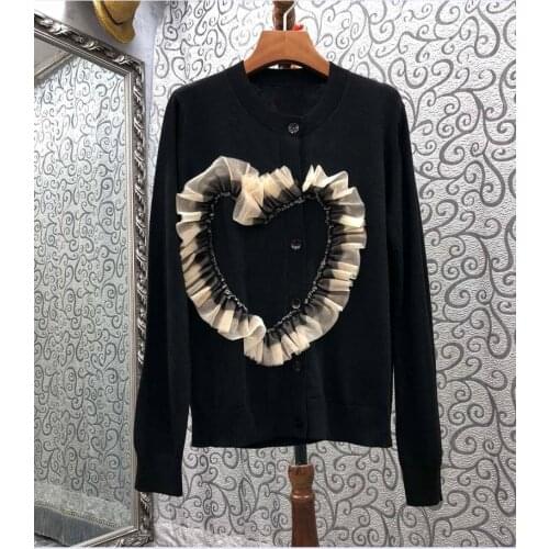 High Quality Cardigans 2021 Autumn Winter Knitwear Women Sweetheart Lace Patchwork Long Sleeve Casual Black Cardigans Coat