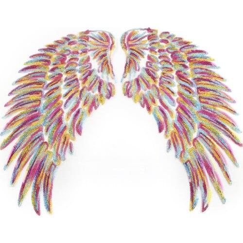 1 Pair Wing Patches Pink Color Sequin Big Wings Iron On Patches For Clothing Biker Fabirc Sticker