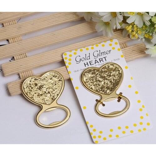 20pcs/lot FREE SHIPPING Gold Glitter Heart Bottle Opener Wedding Favors Golden Themed Anniversary Party Giveaway For Guest