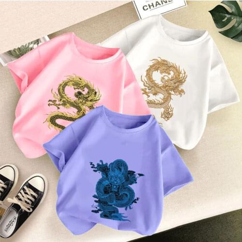 Kids Girl T Shirt Summer Baby Magic Animal Chinese Dragon Toddler Tees Clothes Children Retro Cartoon T-shirts O-neck Harajuku