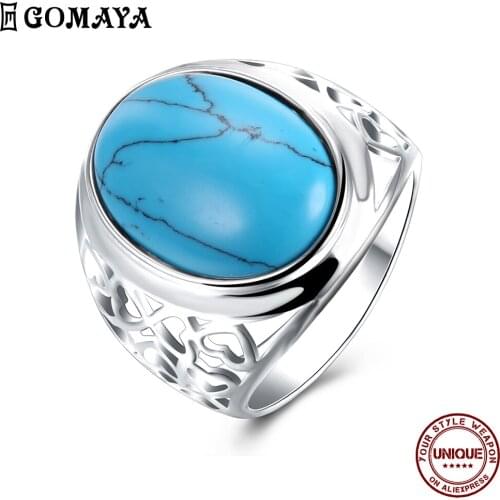 GOMAYA Oval Big Kallaite Gothic Punk Ring For Women And Men Hollow Out Design Unisex Rings Couple Classic Party Fashion Jewelry