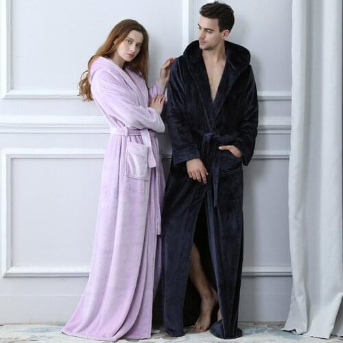Men Plus Size Winter Long Warm Coral Fleece Bathrobe 40-120KG Hooded Kimono Flannel Cozy Bath Robe Dressing Gown Women Sleepwear