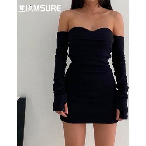 IAMSURE Party Clubwear Bodycon Dreess Elegant Fashion Sexy Slim Solid Slash Neck Off Shoulder Mini Tube Dreesses For Women 2021