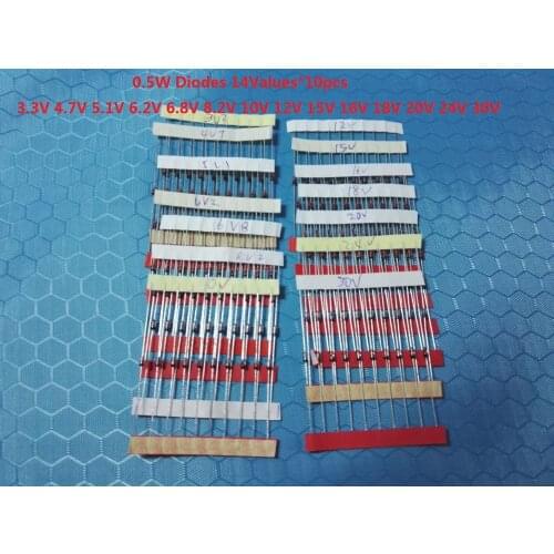 Diode kits set 3.3V~30V (14 values*10pcs=140pcs) 0.5W 1W Assorted 1/2W Assortment diy kit BZX55C Zener Diode 6.8V 8.2V 10V 12